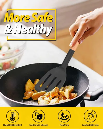 Vista 3 de Paquete de 2 espátulas de cocina de silicona, espátulas sólidas resistentes al calor, espátulas ranuradas antiadherentes con mango corto de madera