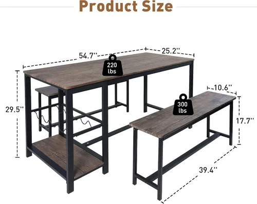 Vista 5 de Juego de mesa de comedor rectangular marrón rústico de 3 piezas con banco, 55 pulgadas de largo x 25.2 pulgadas de ancho, juego de comedor moderno