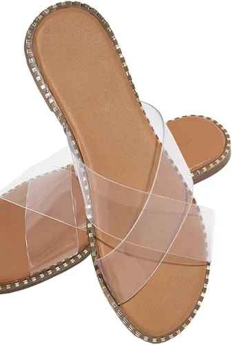 Vista 5 de Jeimpoey Sandalias planas con tachuelas para mujer, puntera abierta, deslizantes, con correa cruzada