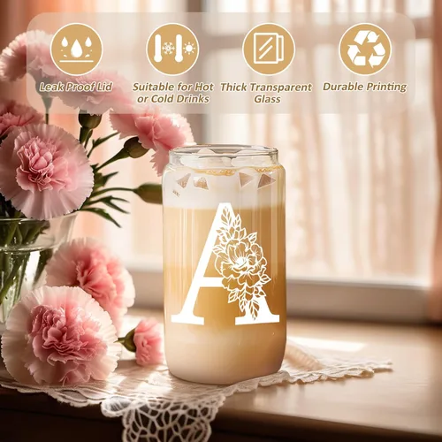 Vista 2 de Taza de Vidrio Inicial Coolife, Regalos Personalizados para Mujeres, Tazas de Vidrio de 16 oz con Tapas y Popotes, Taza para Café Helado, Licuado