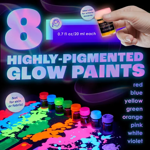 Vista 2 de neon nights, pintura que brilla en la oscuridad luminiscente fosforescente pintura autoluminosa - Juego de 8