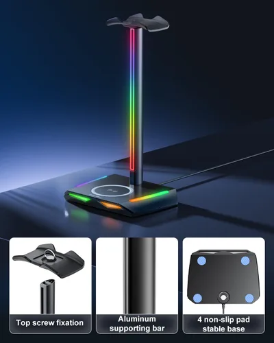 Vista 9 de New Bee Soporte para auriculares RGB con 2 puertos de carga USB-C y 1 USB