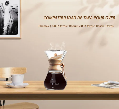 Vista 3 de Tapa de bambú para cafeteras Chemex 3/6/8/10 taza, hecha de bambú natural