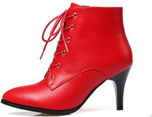 Vista 2 de MIOKE Botas de tobillo de tacón de aguja para mujer, botas puntiagudas con cordones y cremallera, botas cortas