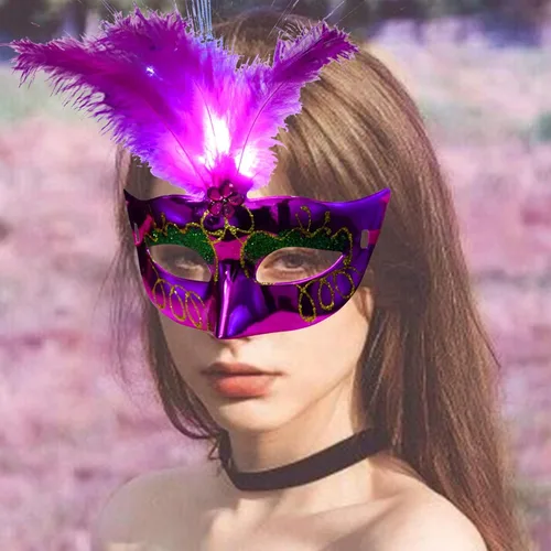 Vista 2 de Máscara veneciana de fibra LED para mujer, máscara de Halloween, fiesta de disfraces, fiesta de princesa, máscaras de plumas para cosplay, fiesta