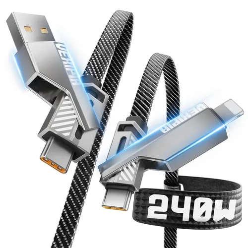 Vista 15 de Cable USB C ultra corto 4 en 1 de 0.6 pies compatible con cable Lightning [carga rápida y transferencia de datos] cable de carga plano trenzado