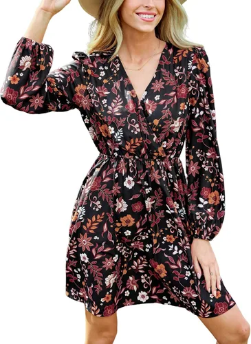 Vista 15 de CUPSHE Mini vestido floral con volantes, manga campesina, vestido de otoño, casual, vacaciones Negro