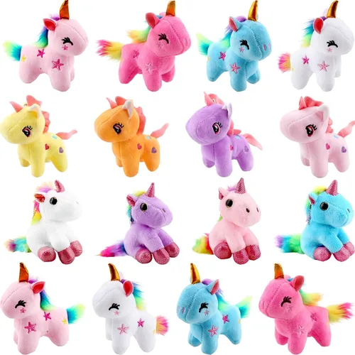 Vista 9 de Paquete de 16 mini juguetes de unicornio de peluche, pequeño unicornio de peluche, lindo llavero de peluche, juguetes a granel para Navidad