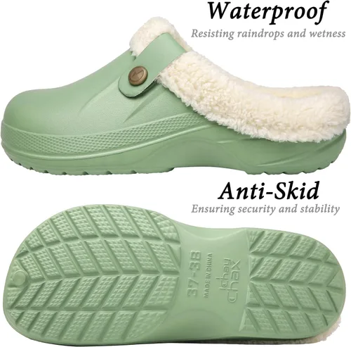 Vista 4 de ChayChax - Pantuflas impermeables para mujeres y hombres, con forro de piel, zapatos de jardín de invierno, pantuflas cálidas para interiores