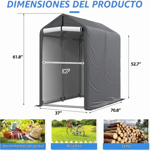 Vista 2 de Cobertizo de almacenamiento al aire libre de 6 x 3 pies, refugio de almacenamiento portátil resistente con puerta enrollable con cremallera