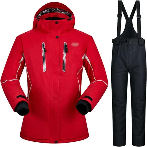 Vista 7 de Conjunto de chaquetas y pantalones de esquí para mujer, invierno al aire libre, talla grande, trajes de esquí cálidos con capucha, trajes de nieve E