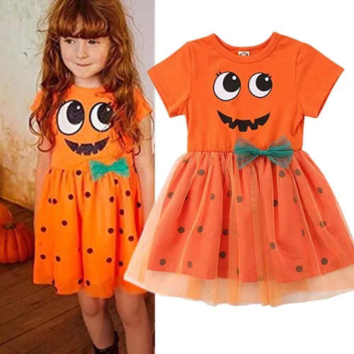 Vista 2 de Vestido de princesa de Halloween para niña, diseño de calabaza, sonrisas de calabaza, lunares, falda de tul con lazo, vestidos de fiesta