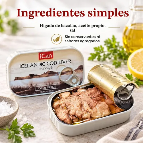 Vista 4 de Ican Hígado de bacalao salvaje islandés en aceite propio, 4.06 onzas
