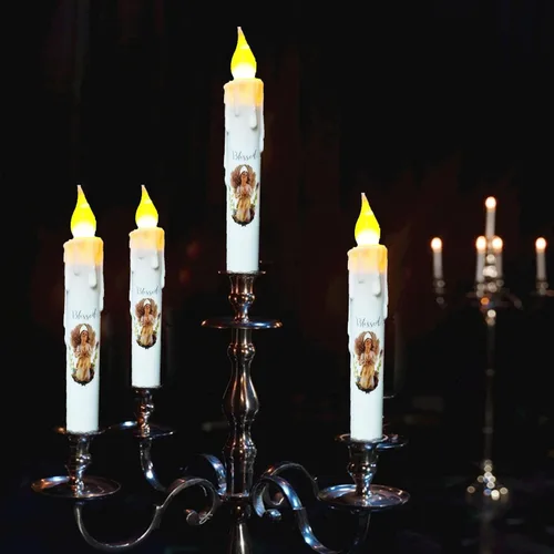 Vista 2 de Velas cónicas sin llama primitivas con temporizador, velas LED parpadeantes de 6.75 pulgadas, vela decorativa sin goteo para Halloween, Navidad