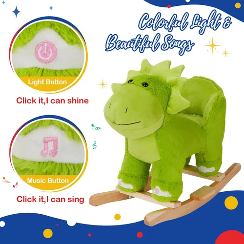 Vista 5 de Glow Guards Caballito de madera con luces y música de dinosaurio con juguete de peluche de dinosaurio que brilla y canta, juego de 2 con silla