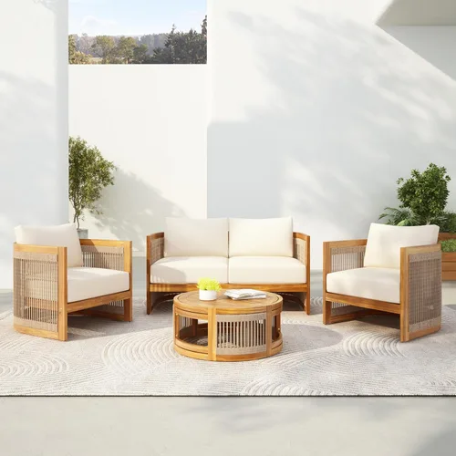 Vista 12 de Juego de 4 muebles de patio al aire libre, sofá seccional de madera de acacia con asiento cojines beige, asiento de conversación seccional