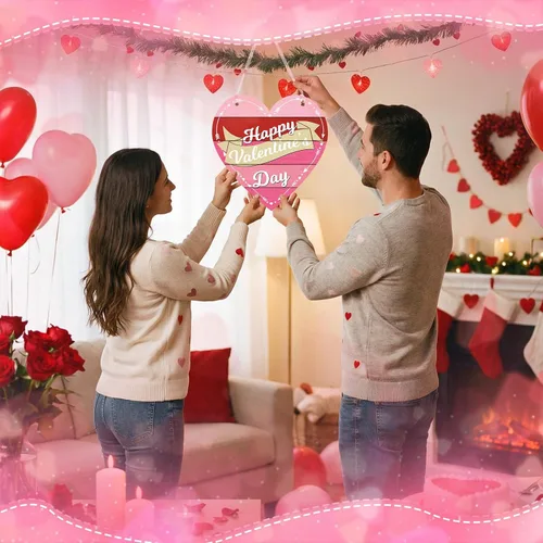 Vista 6 de Jetec Letrero de puerta para el día de San Valentín de doble cara con corazón de feliz día de San Valentín, búfalo a cuadros rústicos de casa