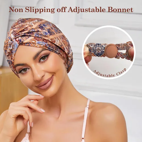 Vista 2 de Gorro de satén de seda ajustable para envolver el cabello para dormir, gorro de dormir de doble capa, turbante nocturno para cabello largo y rizado