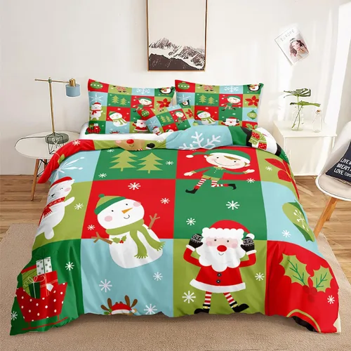 Vista 12 de Juego de ropa de cama de Navidad con funda de edredón de copos de nieve, color blanco y rojo, con estampado navideño, juego de ropa de cama festiva
