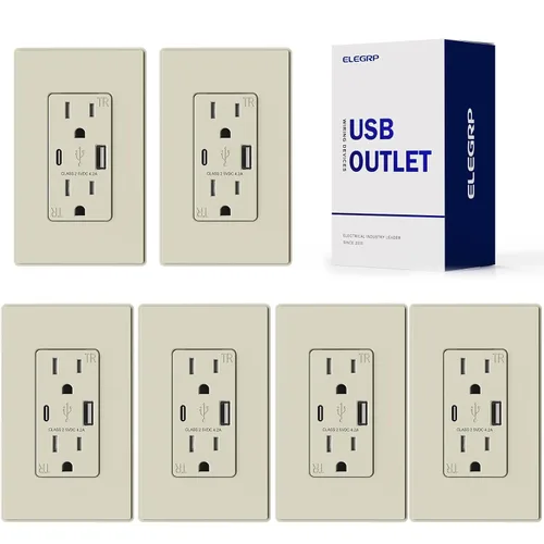 Vista 33 de ELEGRP Cargador USB de pared, receptáculo USB con puertos USB tipo A y tipo C, enchufe dúplex de 15 amperios resistente a manipulaciones NEMA 5-15R