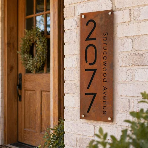Vista 6 de Placa de números de casa de hierro oxidado con dirección, números de casa modernos para exterior, placa de dirección, señal de dirección