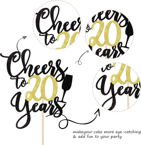 Vista 3 de 1 pieza de decoración para tartas de "Cheers to 20 años" con purpurina dorada y negra para pastel de 20 años, decoración de pastel de 20 años