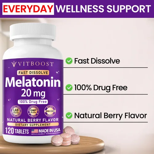 Vista 5 de VITBOOST Melatonina 20 mg – 120 comprimidos de disolución rápida – Sabor natural de bayas – Ayuda para dormir de alta potencia – 100% libre