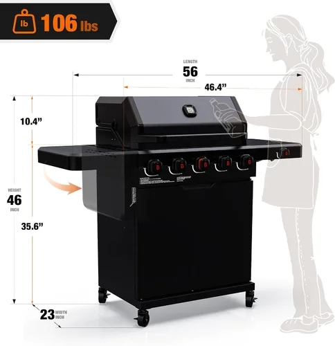 Vista 9 de Brand-Man PRO - Parrilla de gas propano de 5 quemadores, zona de sellado de 14000 BTU con malla infrarroja, rejillas y plancha de hierro fundido