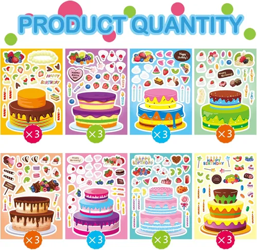 Vista 2 de DUJAA 24 hojas de calcomanías de cumpleaños, calcomanías Make-a-Cake para niños, juego de calcomanías de pastel de cumpleaños, color