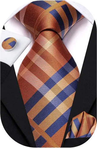 Vista 197 de Hi-Tie Corbata clásica de cachemira para hombre con pañuelo y gemelos a cuadros