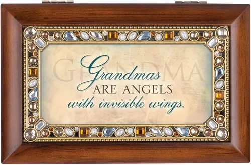 Vista 2 de Cottage Garden Grandmas are Angels Jeweled Woodgrain Pequeña caja de música reproduce afinación viento bajo mis alas