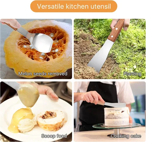 Vista 7 de 2 piezas de pala de helado, pala de helado de acero inoxidable con mango de madera, pala de metal para postre, hoja de mantequilla, raspador