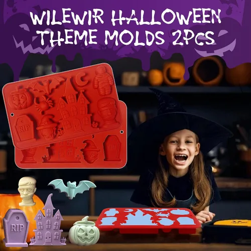 Vista 5 de Moldes de silicona para Halloween, 2 moldes de silicona para chocolate, molde 3D de caramelo de chocolate de Halloween, castillo, luna, bruja