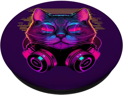 Vista 2 de Synthwave Cyberdelic - Auriculares de DJ de gato de los años 80, arte cibernético, punk, PopSockets intercambiables PopGrip