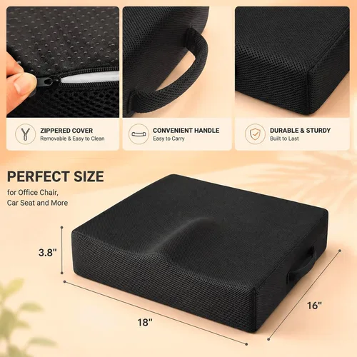 Vista 3 de Cojín de asiento de espuma viscoelástica extra grande con asa de transporte, cojín ergonómico para silla de oficina para alivio del coxis y dolor