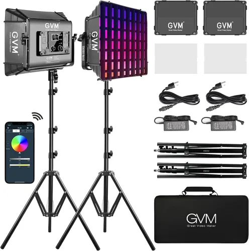 Vista 9 de GVM - Luz de video LED RGB con control Bluetooth, kit de iluminación de estudio de fotografía de 60 W con soportes, 2 paquetes de luz LED 880RS