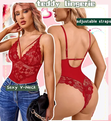 Vista 6 de Avidlove - Lencería de entrepierna a presión para mujer body de encaje de una pieza mini traje sexy