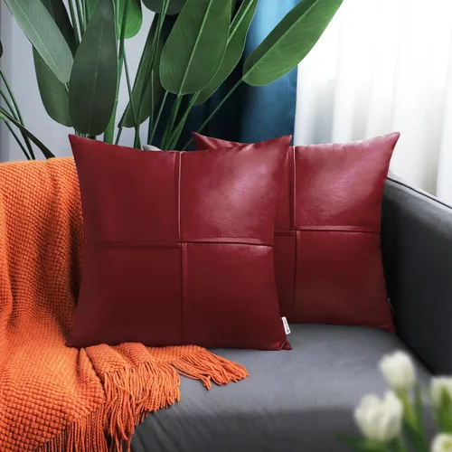 Vista 2 de BRAWARM Fundas de almohada de cuero sintético de 16 x 16 pulgadas, paquete de 2 fundas de almohada de cuero rojo profundo, fundas de almohada