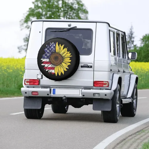Vista 8 de Bandera Americana de Estados Unidos, cubierta de neumático de repuesto con diseño de girasol, protector de rueda a prueba de polvo, para remolque