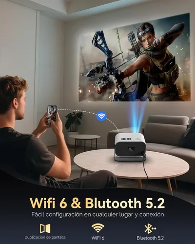 Vista 2 de Mini proyector con soporte giratorio de 270°, enfoque eléctrico y proyector portátil Keystone vertical, proyectores de cine en casa con WiFi