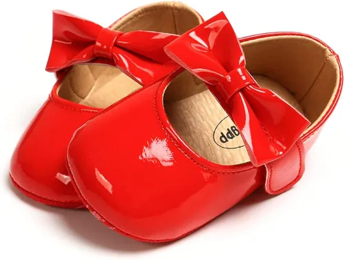 Vista 6 de myppgg Mary Jane - Zapatos planos brillantes con lazo y lazo de princesa, zapatos de cuna antideslizantes para niños pequeños que caminan