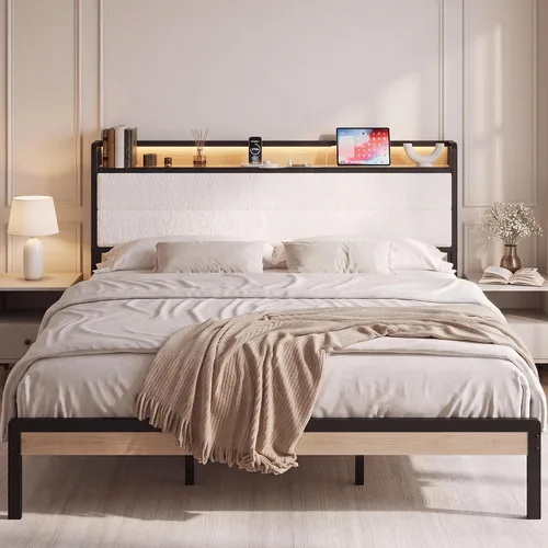Vista 12 de LIKIMIO - Base de cama Queen con cabecero, luces LED y estación de carga Gris carbón