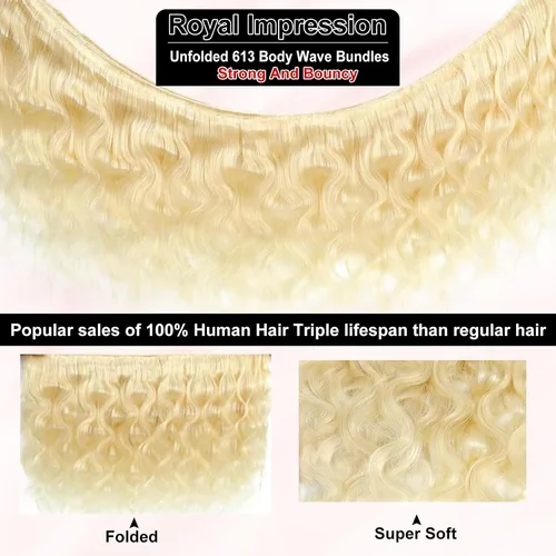 Vista 5 de Mechones de cabello humano 613, 14" 16" 18" 300g, 12A rubio ondulado, 100% cabello humano real, vida útil 3 veces más larga, 100% cabello virgen