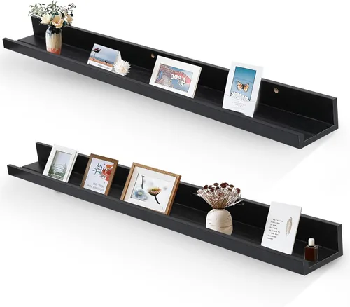 Vista 21 de Muzilife Estantes Flotantes de Pared Pequeños de 12" con Borde - Juego de 2 Estantes Flotantes de Madera - Repisa Negra Montada en Pared