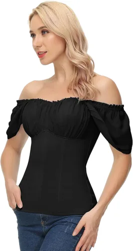 Vista 5 de Scarlet Darkness Camisa Renacentista para Mujer con Hombros Descubiertos y Mangas Cortas con Volantes, Blusa Campesina de Verano con Cuello Cuadrado