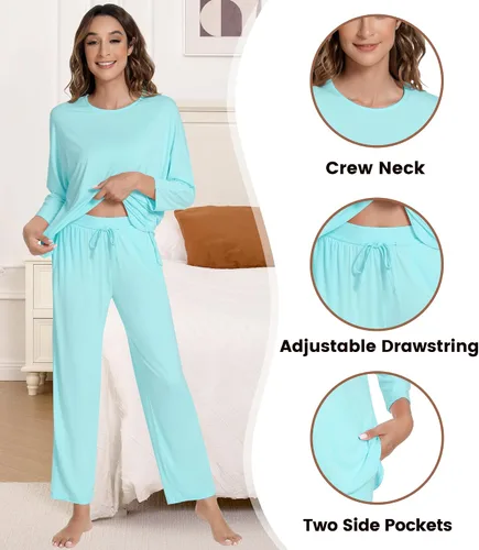 Vista 4 de NACHILA Women's Pajamas Set-Viscose Made from Bamboo, Long Sleeve Sleepwear Top with Pants Comfy Pajama Soft 2 Piece Pjs B-aqua Green