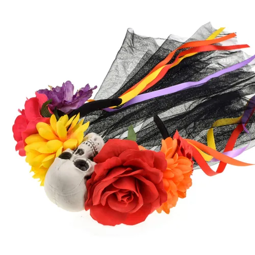 Vista 3 de Vividsun - Diadema con diseño de flores mexicanas para disfraz, Gratis Cinta B-Fushcia