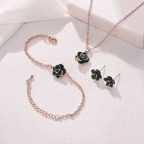Vista 4 de EleQueen Rose Flower Necklace Earrings Bracelet Set 14K Green Rose Gold Plated Hypoallergenic Jewelry Sets Gift for Women
