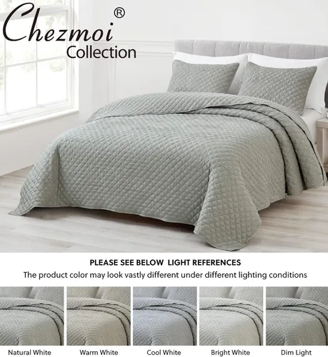 Vista 7 de Chezmoi Collection Pucker - Juego de edredón de 3 piezas, tamaño Queen, color gris, de microfibra suave, ligera, acolchada con diamantes, juego