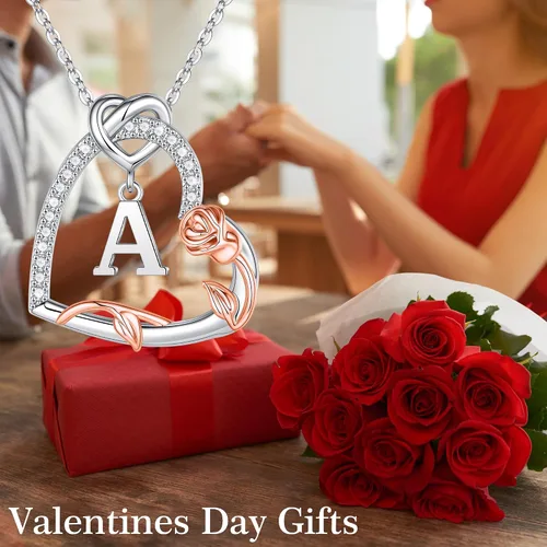 Vista 7 de Iefil Collares de corazón de rosa, regalos para mujer, collares de plata de ley 925 con inicial de corazón, regalos de cumpleaños de aniversario